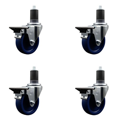 Service Caster 4'' Solid Poly Swivel 1-5/8'' Expanding Stem Caster Set with Brake, 4PK SCC-EX20S414-SPUS-PLB-158-4